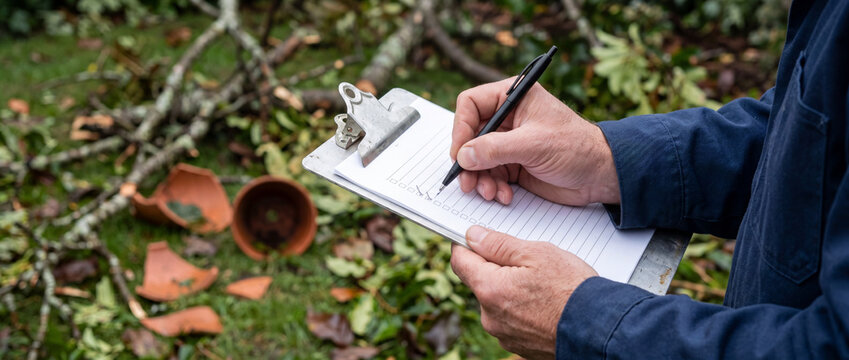 Gardener making damage assessment checklist on clipboard after storm cleanup with broken plant pots