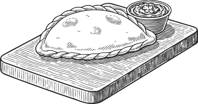 Hand drawn empanada with dipping sauce on wooden board vintage illustration