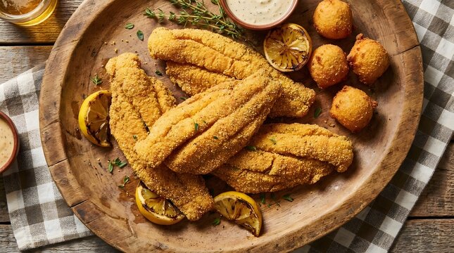 Crispy fried catfish fillets breaded fish with hushpuppies and lemon perfect for National Catfish Month