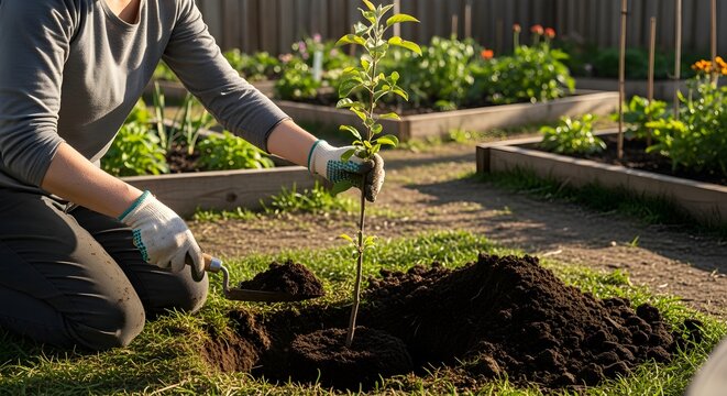 A person planting a young apple tree in their backyard or community garden.