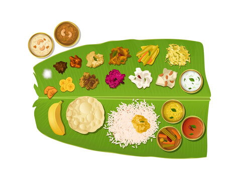 Traditional Kerala Onam and Vishu Sadya Served on Banana Leaf with Rice, Avial, Sambar, Payasam and Authentic Vegetarian Feast on Transparent Background