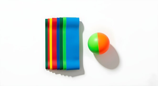 A set of colorful resistance bands and a lacrosse ball for myofascial release, on white.