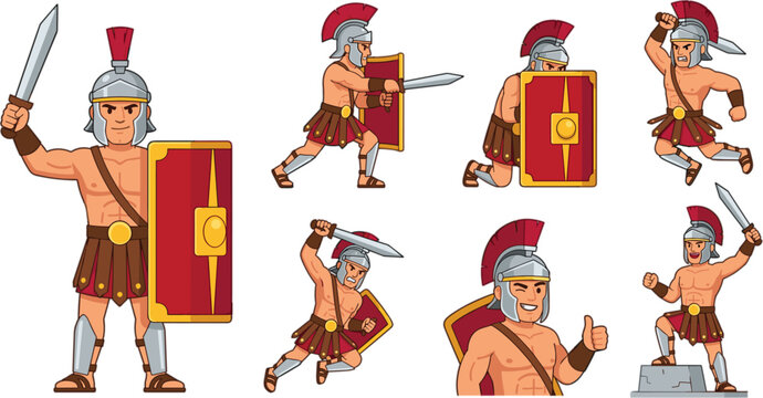Roman gladiator soldier character vector illustration set featuring warrior posing with sword shield helmet and battle actions