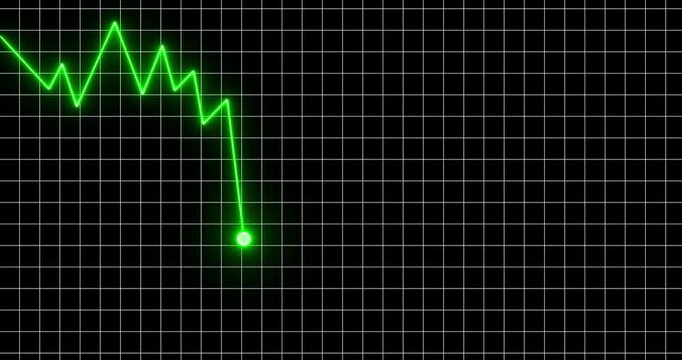 Glowing neon line graph downwards against black background animation. Stock market losses and descending trading graph and downward arrows recession
