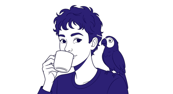 Young person drinking coffee with parrot on shoulder illustration