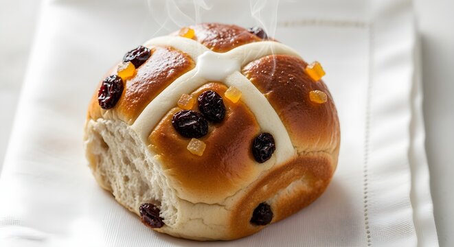 A single, fresh hot cross bun with a clear, white icing cross, on a white napkin.