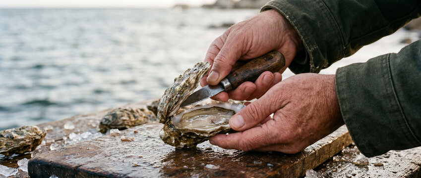 Fisherman shucking fresh oysters by the sea on a wooden board with knife and ice