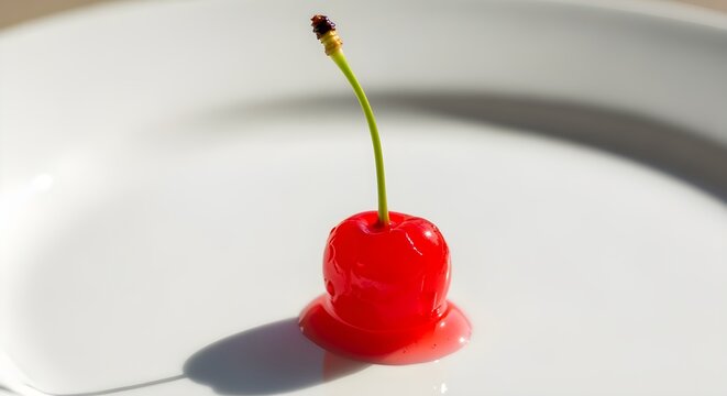 A single, glossy maraschino cherry with its stem, on a white plate.