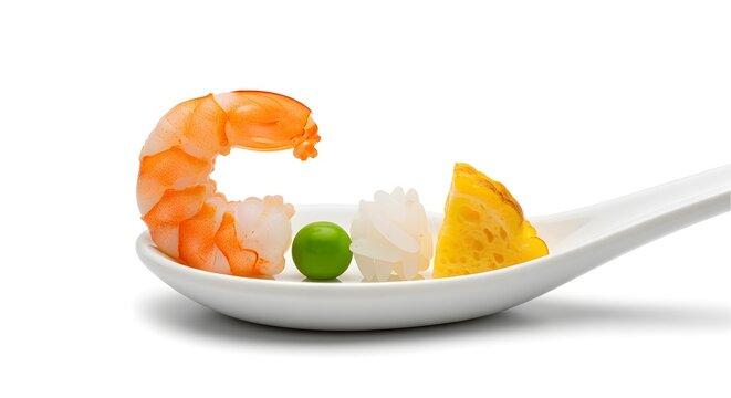 A single shrimp, a pea, and a grain of rice with a tiny piece of egg, on a white spoon.