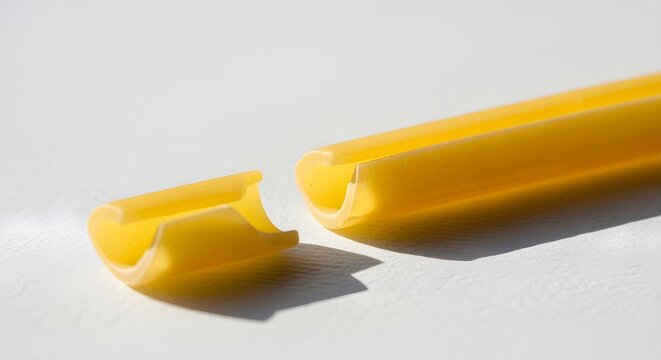 A single strand of dried linguine pasta broken in half, on a white textured background.