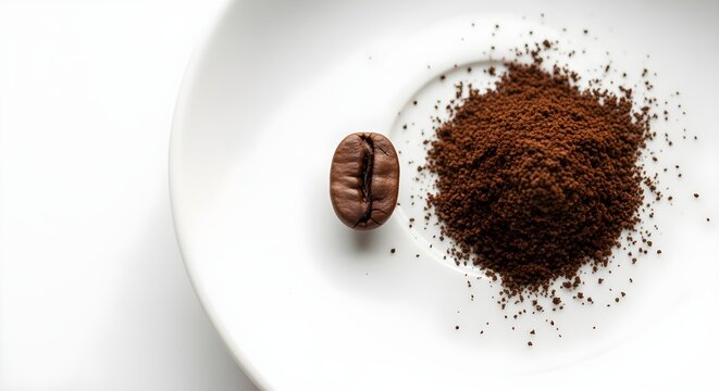 A single, whole coffee bean and a ground coffee pile, on a white saucer.
