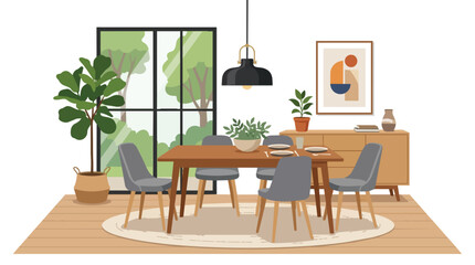 Fototapeta premium Modern Dining Room Interior with Wooden Table Gray Chairs Large Window View Potted Plant and Minimalist Decor