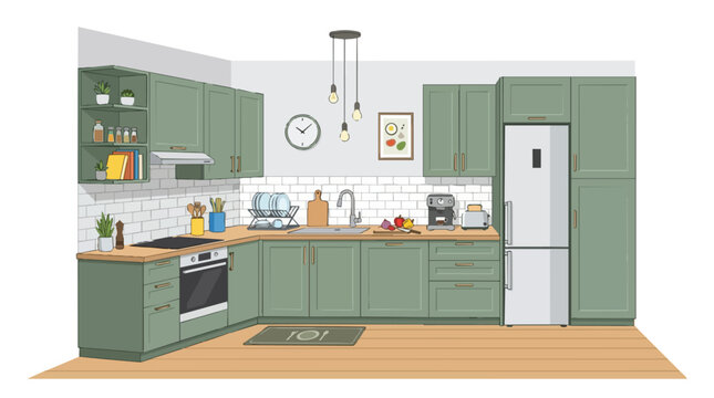 Contemporary Green Kitchen Interior Design with White Subway Tile Backsplash and Integrated Appliances