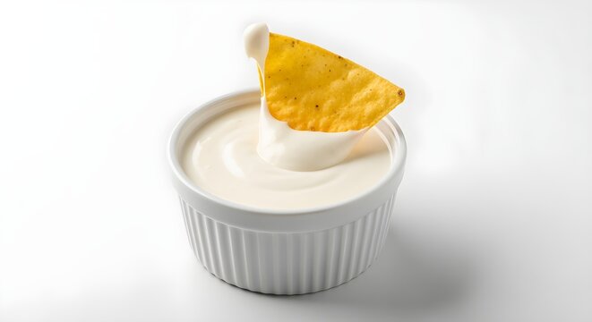 A small ramekin of smooth white queso with one tortilla chip dipping in, on white.