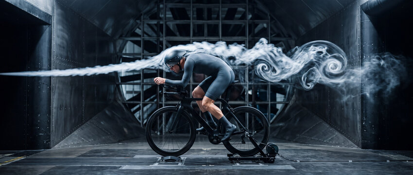 Aerodynamic cyclist in wind tunnel testing high-speed time trial position on bike