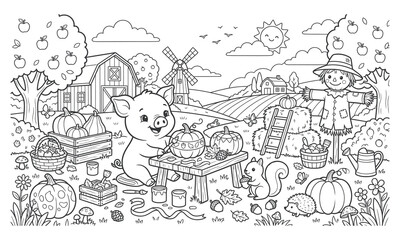 Obraz premium Autumn farm coloring page detailed illustration for kids and adults fall harvest scene