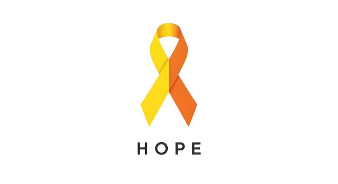 The international suicide prevention awareness ribbon (yellow and orange) with the word "HOPE" underneath, on white.