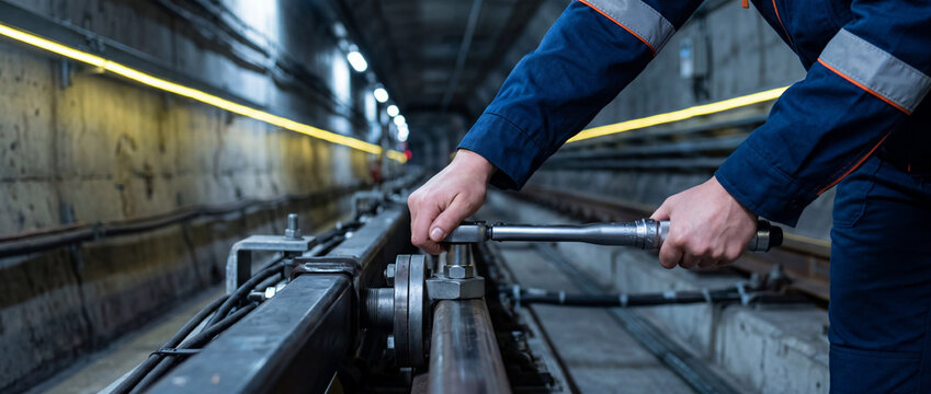 Railway track maintenance worker tightening bolts in underground train tunnel using torque wrench