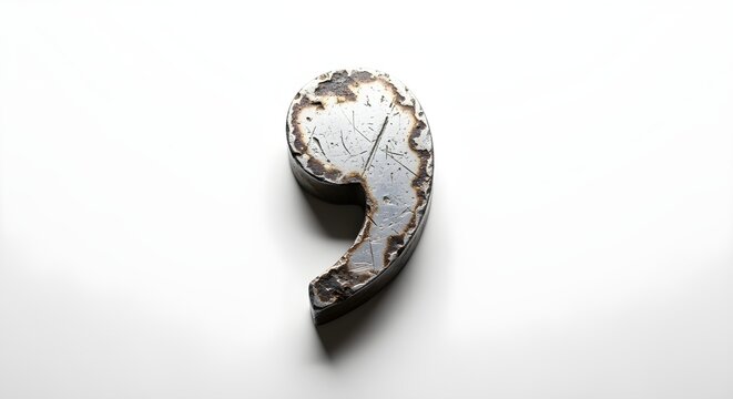 The semicolon symbol (;) made of rough, textured metal, placed on a white backgrounda?"symbol of hope and continuation.
