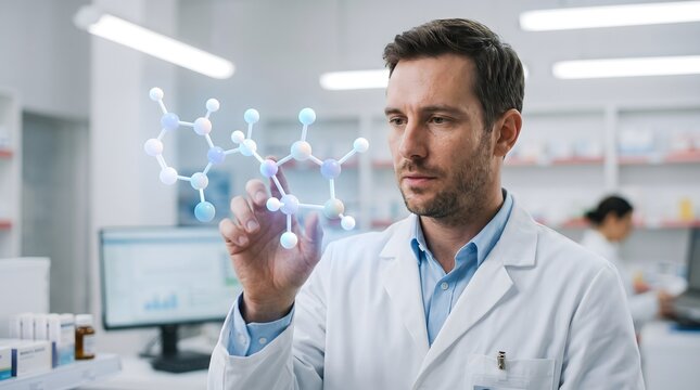 Focused male scientist digitally examining a complex holographic molecular structure in a clean modern laboratory for innovative research applications.