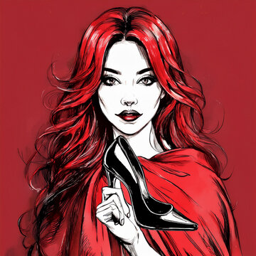 Red haired woman holding black high heel