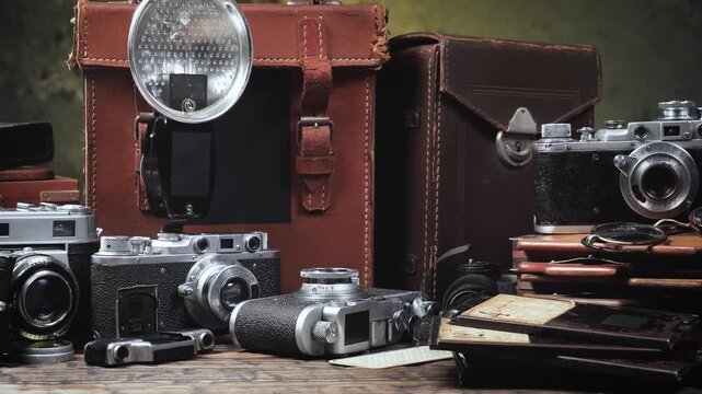 Old cameras in a composition on a wooden background, slowly moving in a horizontal plane.