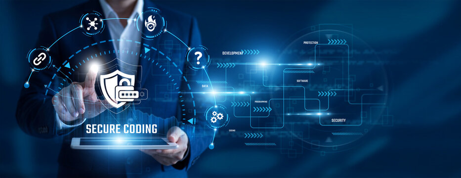 Software Security Engineer using tablet analysing Secure Coding data. Code protection, vulnerability testing, application security, software reliability, cyber defense, secure development.