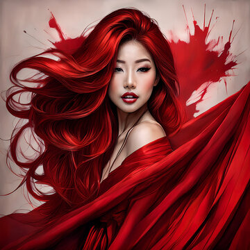 Asian woman with vibrant red hair wearing red flowing fabric