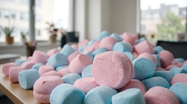 Close-up composition featuring pastel pink and blue marshmallows piled abundantly on an office desktop, softly lit, providing a sweet confectionery for consumer projects.