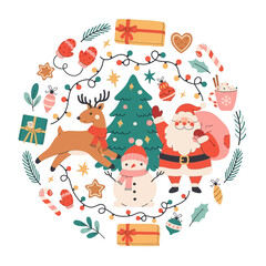 Fototapeta premium Charming Christmas Vector Illustration Featuring a Reindeer, Snowman, and Festive Decorations