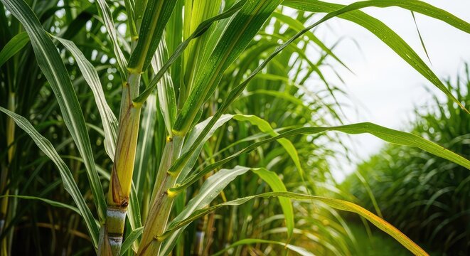 Close-up view of fresh sugar cane stalks standing tall in a lush green plantation under a bright sky with vibrant leaves and sunlight, botanical, bright, sugarcane