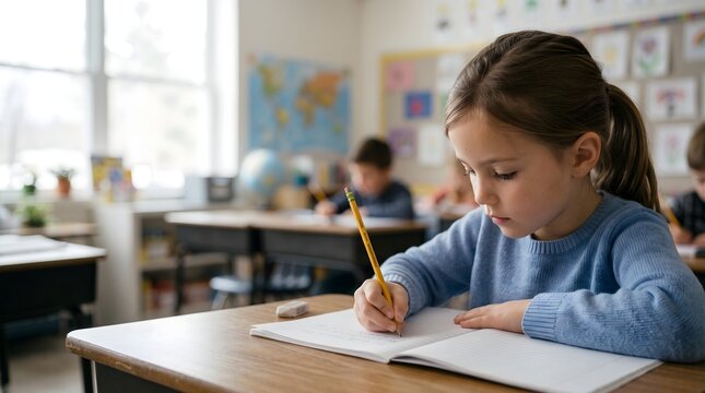 Focused elementary schoolgirl writes notebook pencil, natural light educational scene supports academic marketing content.