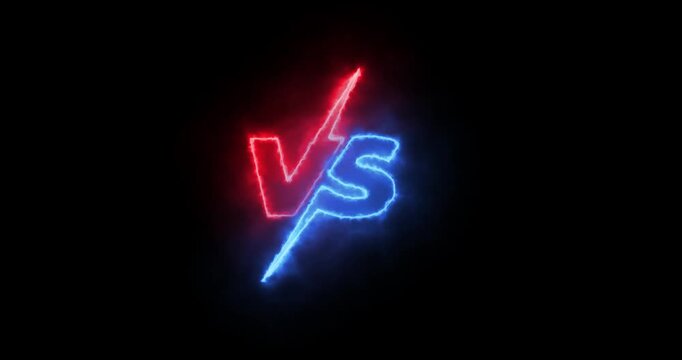 Glowing neon smoke effect VS versus bars icon animation on black background. Midway between top and bottom pointing versus fight battle in two player animation
