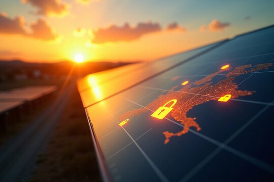 Solar panel with digital security locks on map technology concept sustainable energy and data protection in futuristic environment at sunset