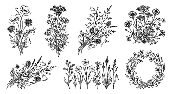  Wildflower Bouquet Bundles Line Art
Keywords: wildflower bouquets, bouquet line art, floral bouquets, nature bouquets, botanical illustrations, wild plants, meadow flowers, flower bundles, flower cli