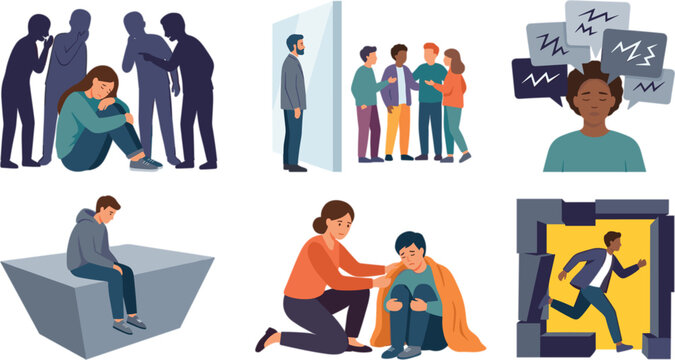 Mental health and bullying vector illustration set featuring characters dealing with depression anxiety isolation gossip and psychological support