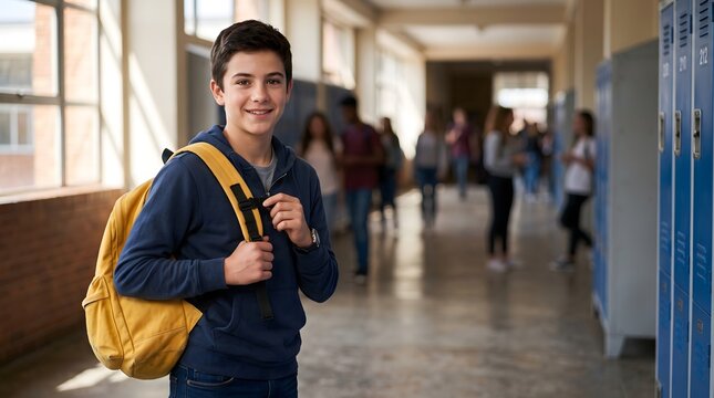 Confident young male student smiling posing yellow backpack blue hoodie bright school hallway blurred background scholarly concept.