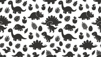 Seamless pattern of black dinosaur silhouettes (Stegosaurus, Triceratops, Brachiosaurus) and tropical leaves on white background. Flat vector illustration EPS 10. © Dijee Art