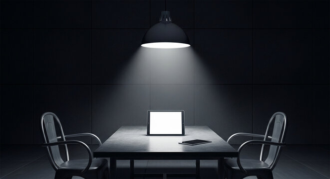 Dark interrogation room with spotlight, empty chairs and table in moody detective office, dramatic investigation background