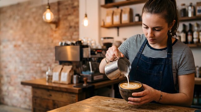 Barista pouring fresh steamed milk creating latte art into a coconut shell cup, captured candid style showing warm tone, ideal hospitality business promotion.