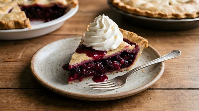 Slice of raspberry cream pie with whipped topping served on plate. Homemade berry dessert with fresh fruit garnish and fork ready to eat.