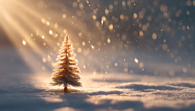 a tiny Christmas tree stands in the snow bathed