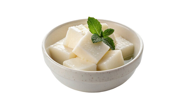 Small ceramic bowl filled with white diced tofu cheese isolated on transparent background