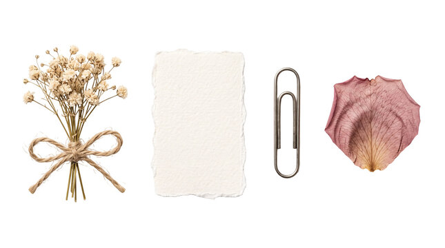 Set of vintage aesthetic scrapbook elements with dried gypsophila bouquet, deckle edge paper, bronze paperclip and pink rose petal isolated on white background
