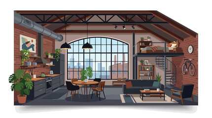 Spacious Open Plan Industrial Loft Living Room and Kitchen with City View Large Windows and Modern Stylish Furniture © hayati