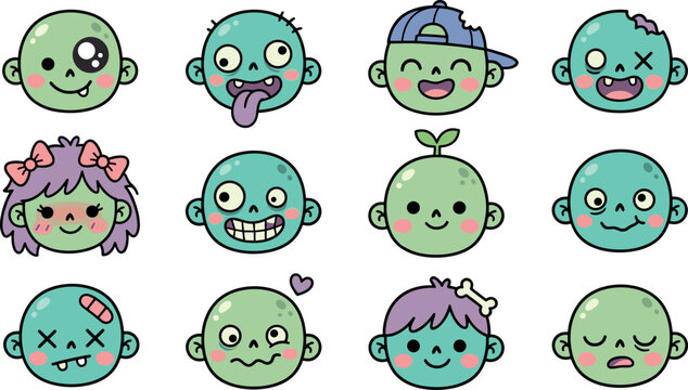 Cute Kawaii Zombie Face Expression Collection with Funny Cartoon Monster Heads, Halloween Character Emoji Sticker Hand Drawn Vector Set