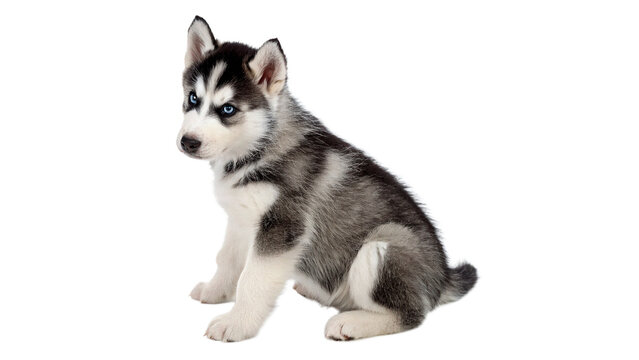 Cute fluffy Siberian husky puppy dog sitting looking alert isolated on transparent background
