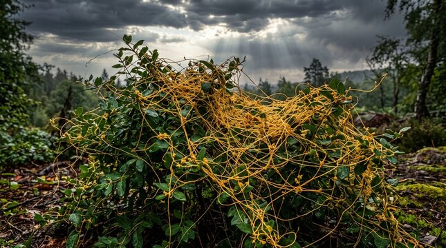 Vibrant Yellow Dodder Parasitic Vine Spreading Over Green Forest Shrubbery Under Dramatic Stormy Sky with Sunbeams