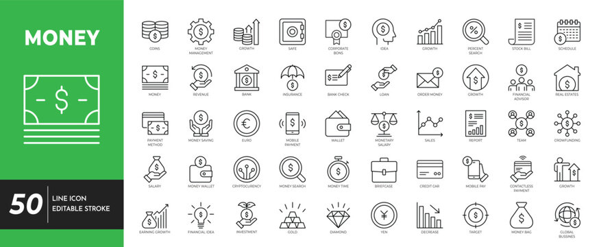 money outline icon set. Editable stroke. vector illustrator