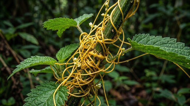 Intricate yellow parasitic dodder (Cuscuta) vines tightly wrapped around a green host plant stem in a wild forest environment, showcasing unique botanical interactions and adaptation